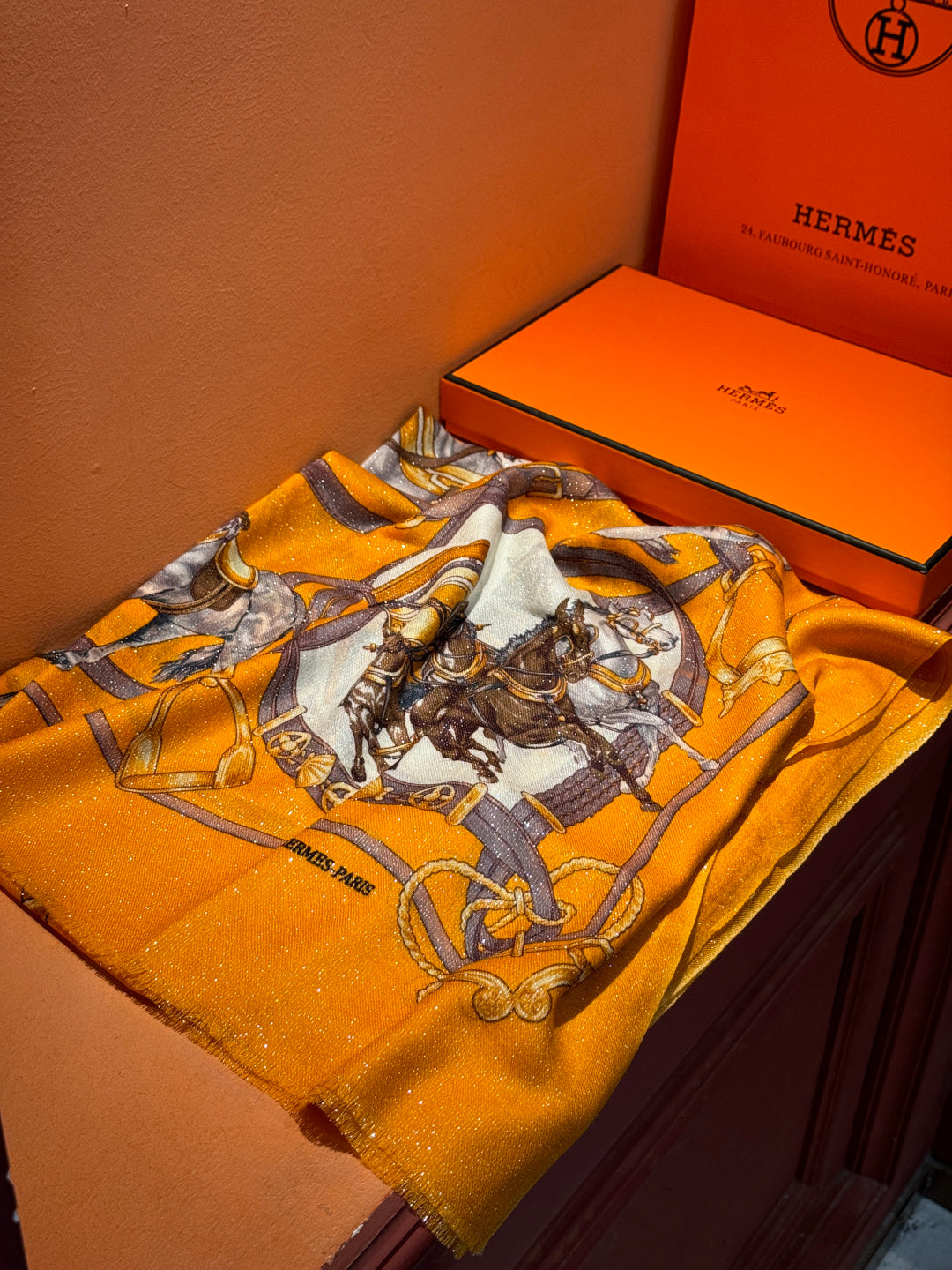 HM 25s Radiant Scarf 200cm Orange Brown Cashmere Silk 962395