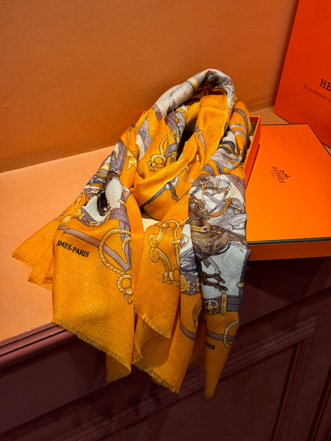 HM 25s Radiant Scarf 200cm Orange Brown Cashmere Silk 962395