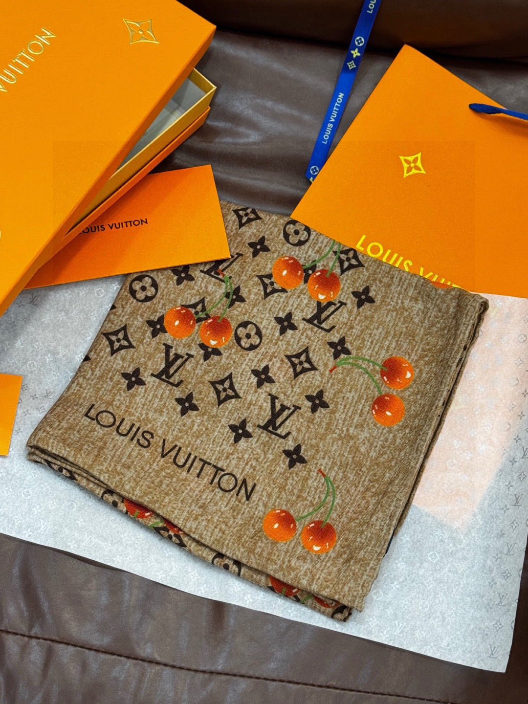 LV X TM MONOGRAM Scarf Light Brown Orange Silk Cashmere 965426