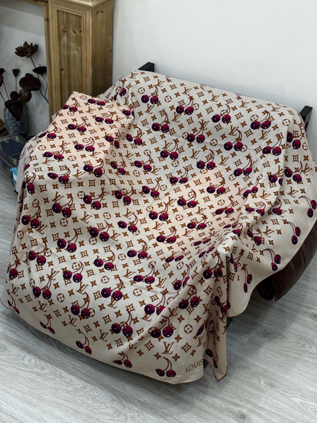 LV X TM MONOGRAM Scarf Beige Burgundy Brown Silk Cashmere 965429