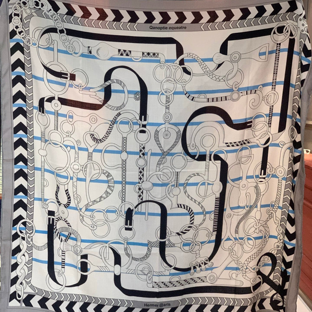 HM 25s Horse Reversible Scarf 140cm White Gray Black Cashmere Silk 967388