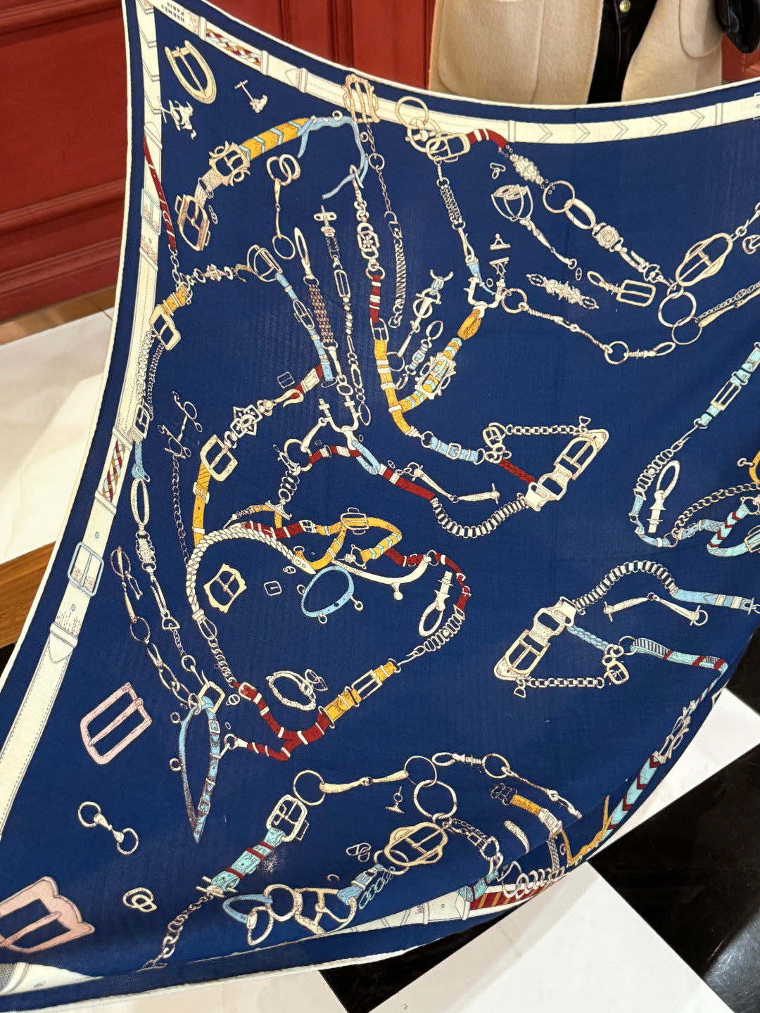 HM 25s Horse Reversible Scarf 140cm Blue Cashmere Silk 967390