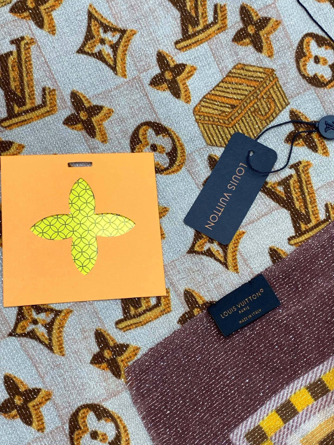 LV Monogram Scarf 200cm Purple White Brown Cashmere 969184