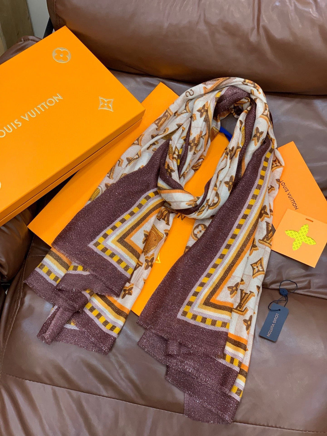 LV Monogram Scarf 200cm Purple White Brown Cashmere 969184