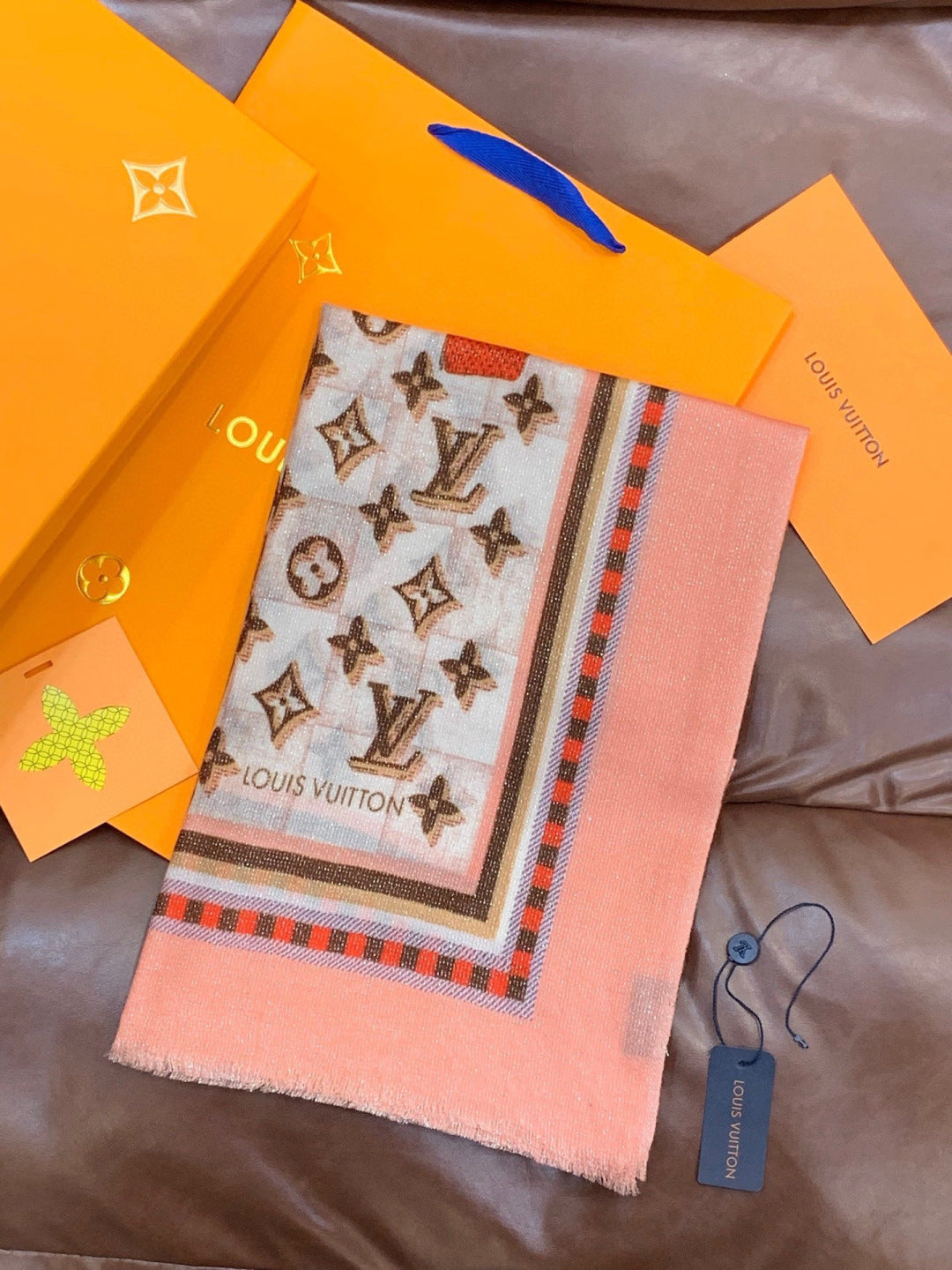 LV Monogram Scarf 200cm White Pink Cashmere 969185