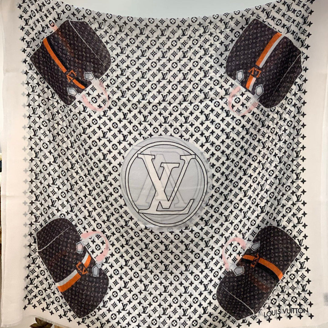 LV Monogram Scarf 200cm White Black Cashmere 969189