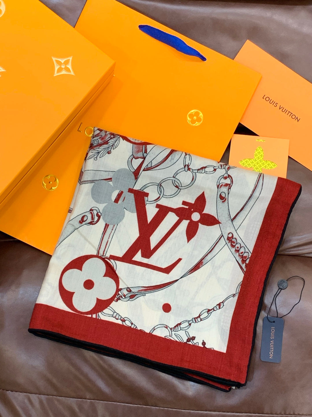 LV Latest Style Scarf 140cm White Gray Red Cashmere 969238