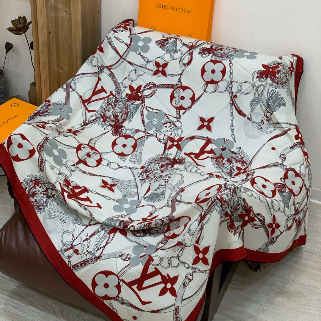 LV Latest Style Scarf 140cm White Gray Red Cashmere 969238