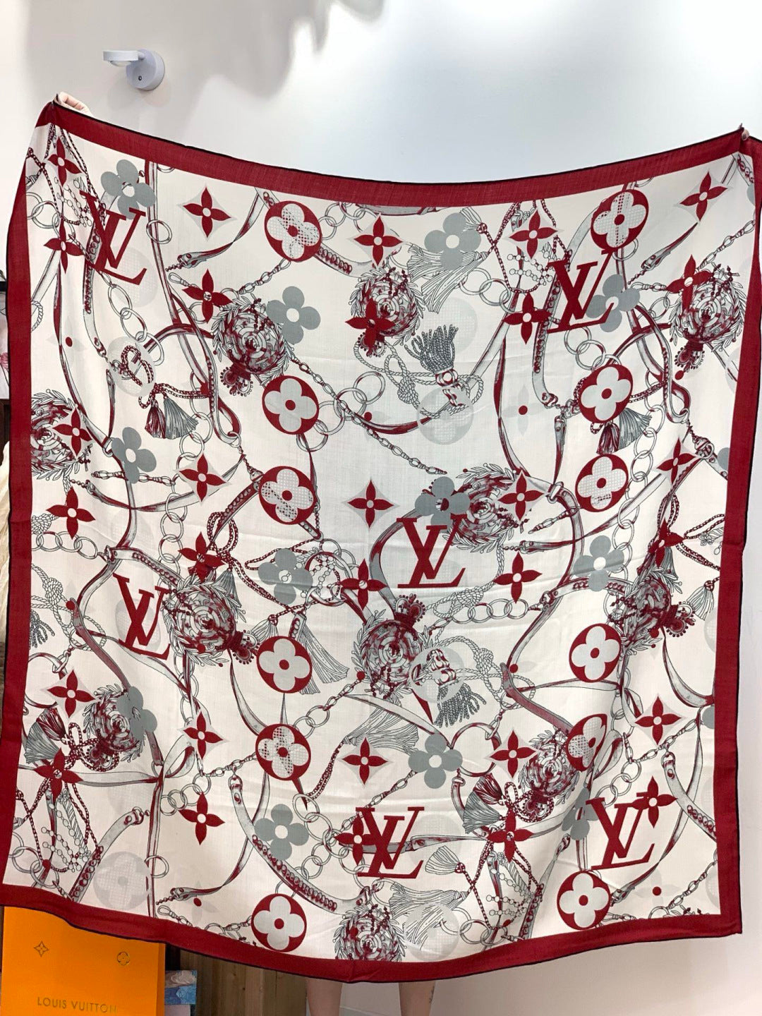 LV Latest Style Scarf 140cm White Gray Red Cashmere 969238
