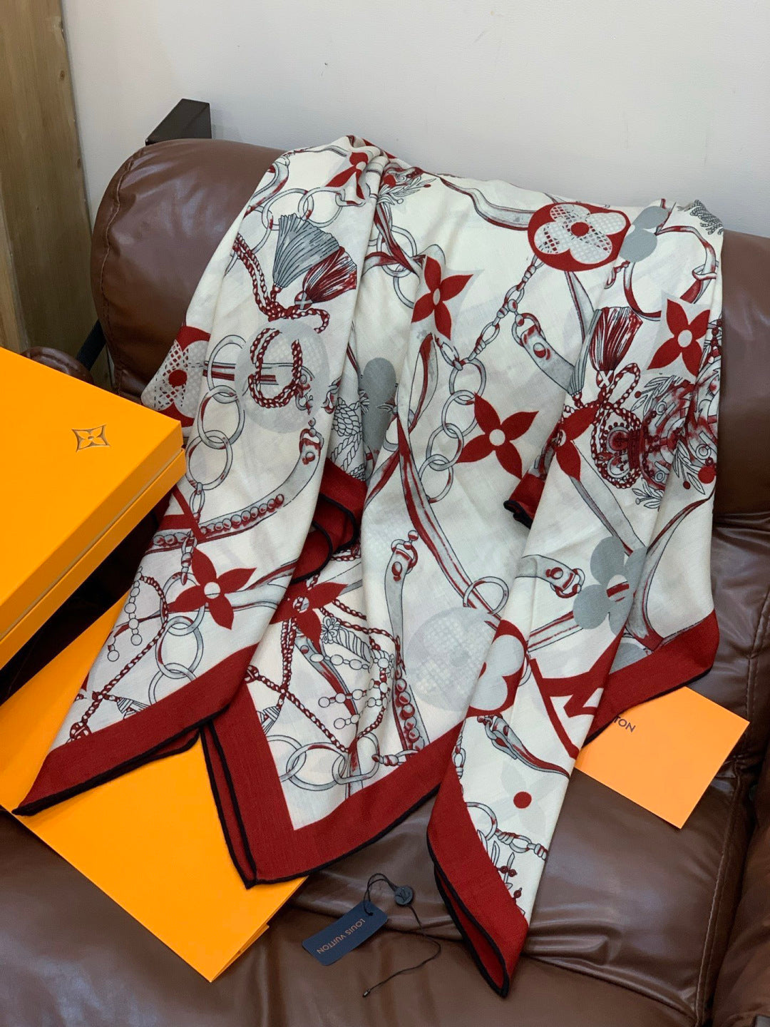 LV Latest Style Scarf 140cm White Gray Red Cashmere 969238