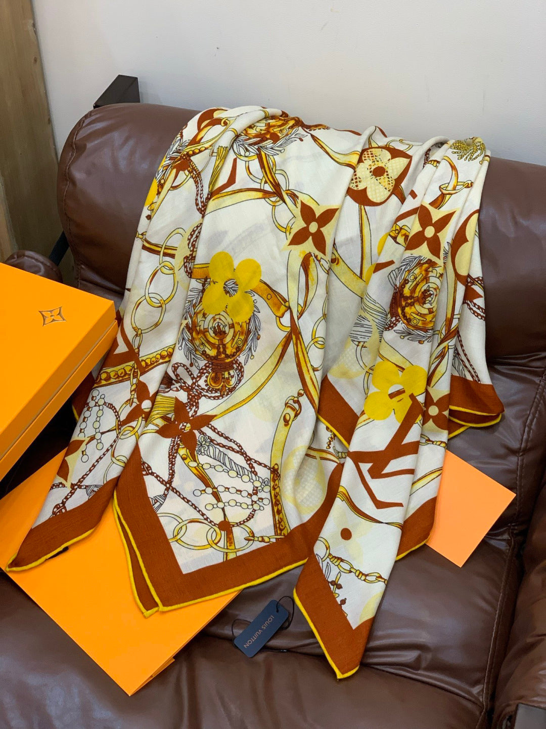 LV Latest Style Scarf 140cm Brown Beige Cashmere 969240