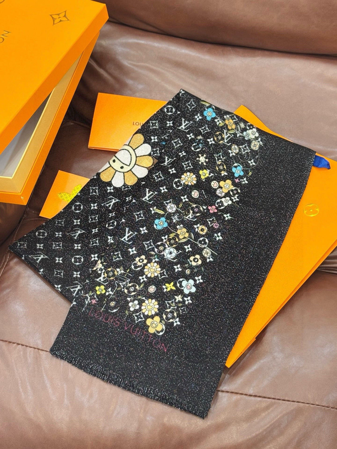 LV Glowing Scarf 200cm Black Colorful Cashmere 970879