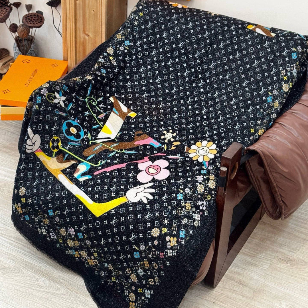 LV Glowing Scarf 200cm Black Colorful Cashmere 970879