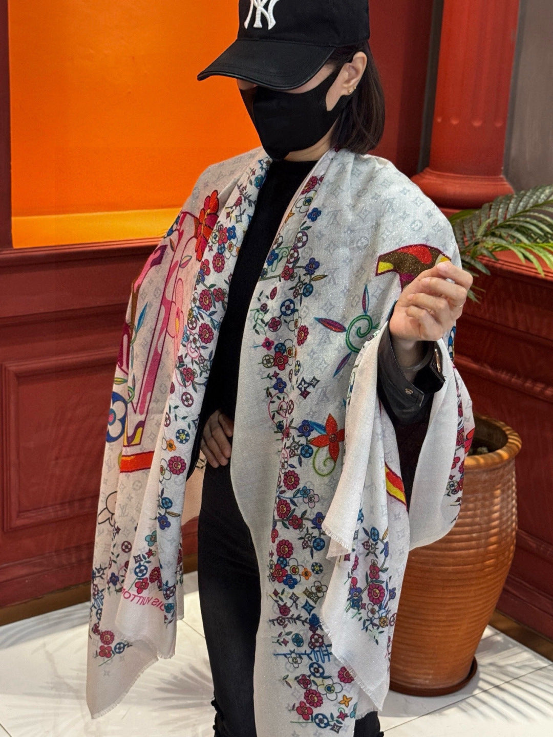 LV Glowing Scarf 200cm White Colorful Cashmere 970880