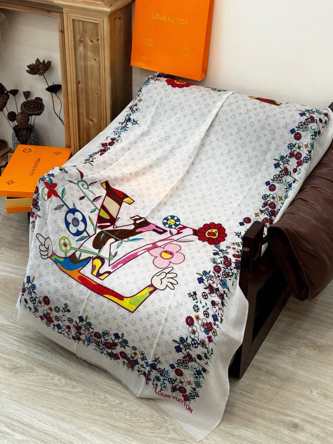 LV Glowing Scarf 200cm White Colorful Cashmere 970880