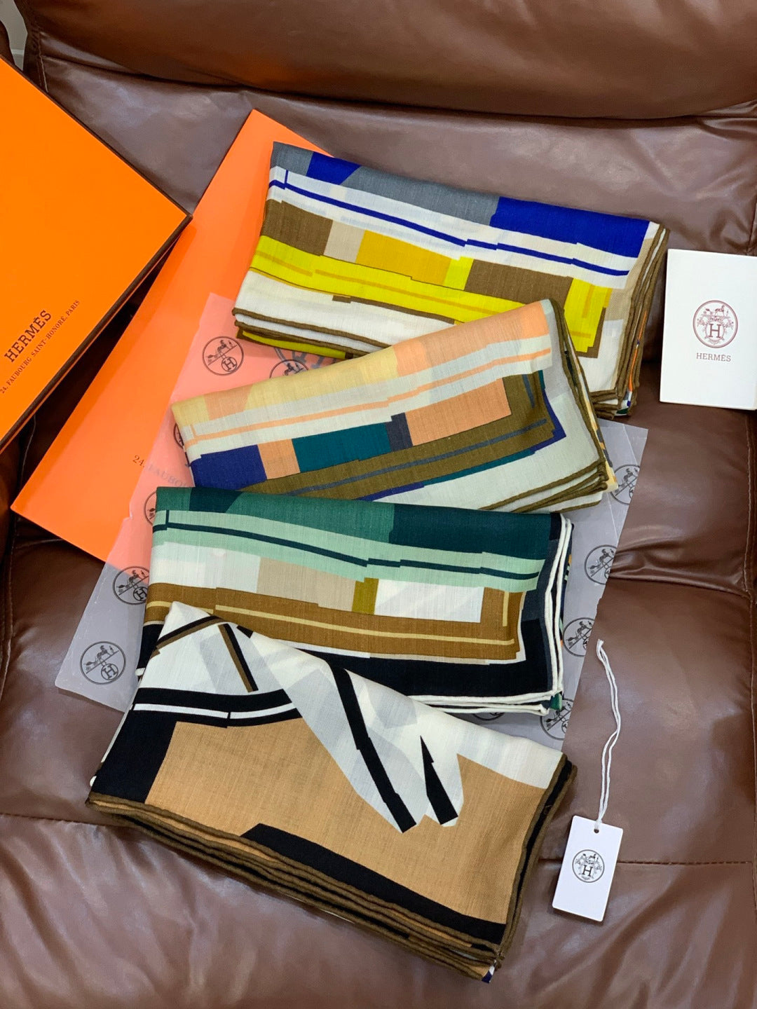 HM 25s Checkered Horse Scarf 140cm Orange Yellow Cashmere Silk 970932