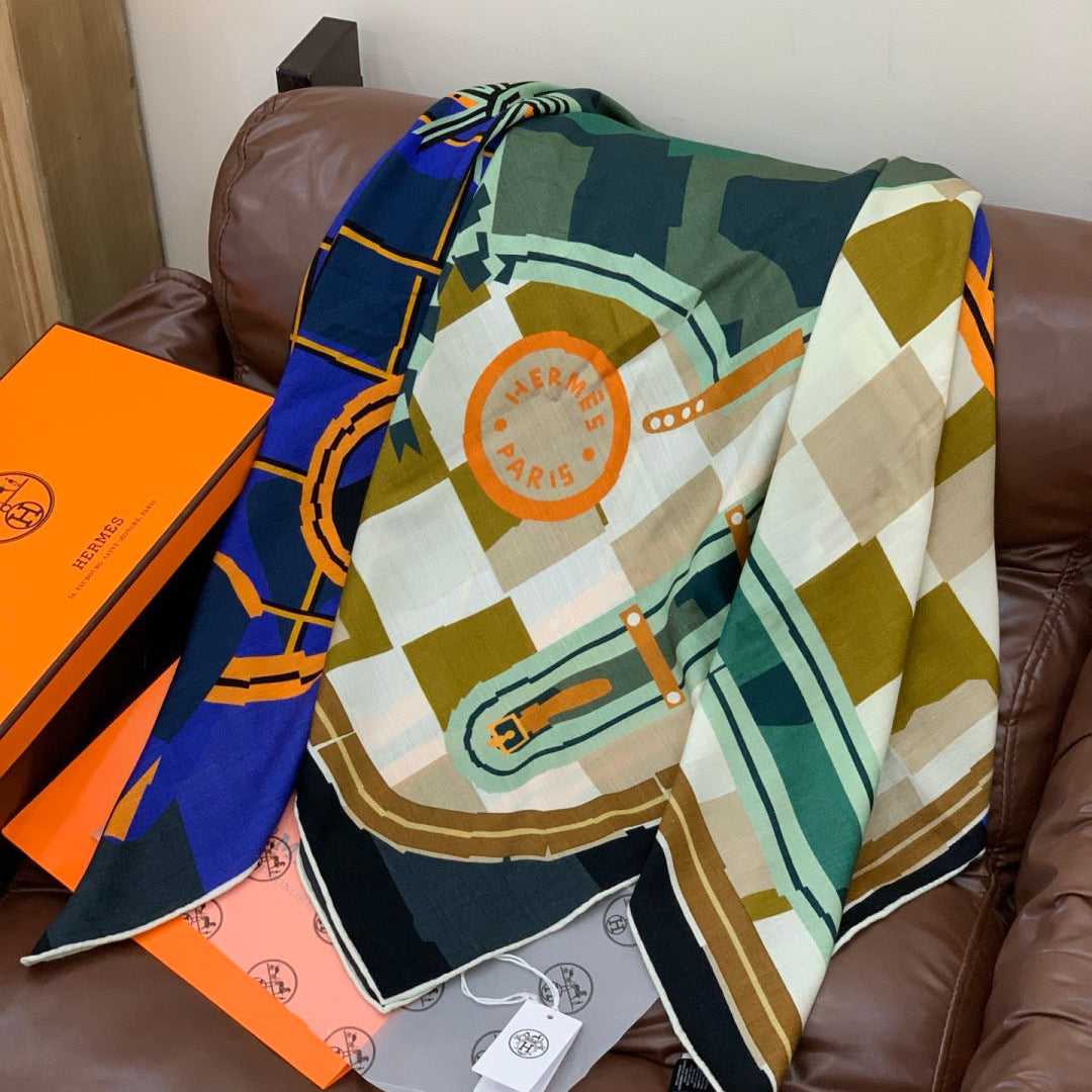 HM 25s Checkered Horse Scarf 140cm Green Blue Beige Cashmere Silk970933