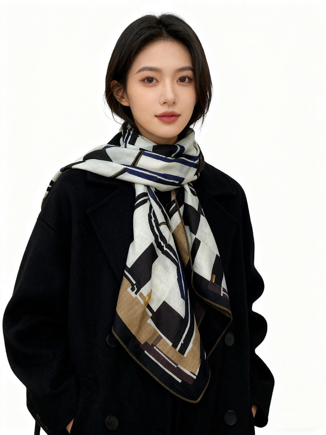 HM 25s Checkered Horse Scarf 140cm Blach White Cashmere Silk 970934