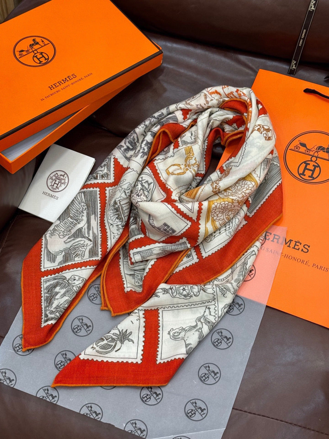 HM 25s Velvet Square Scarf 140cm Orange White Black Cashmere Silk 970940