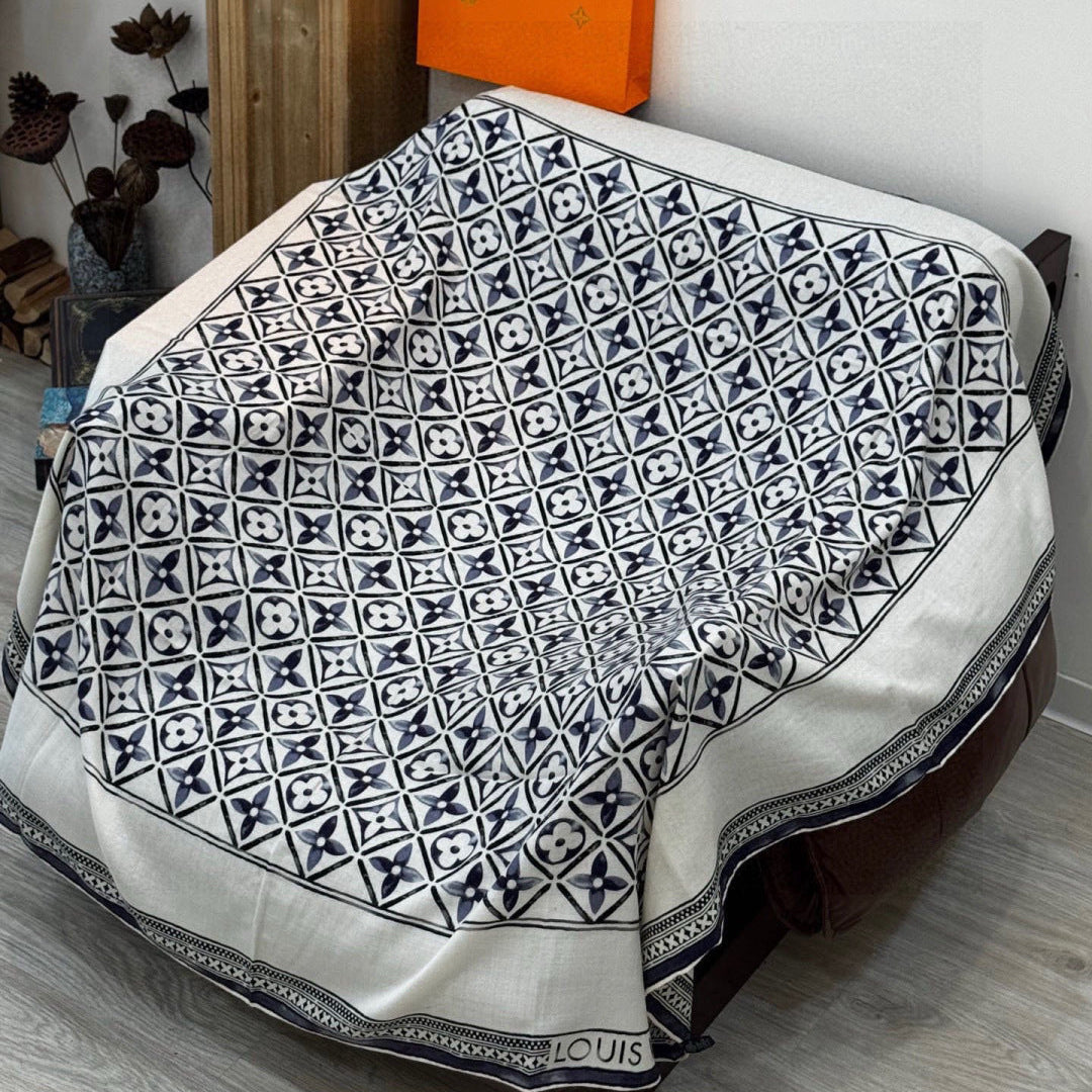 LV Velvet Square Scarf 135cm Black White Cashmere 970941