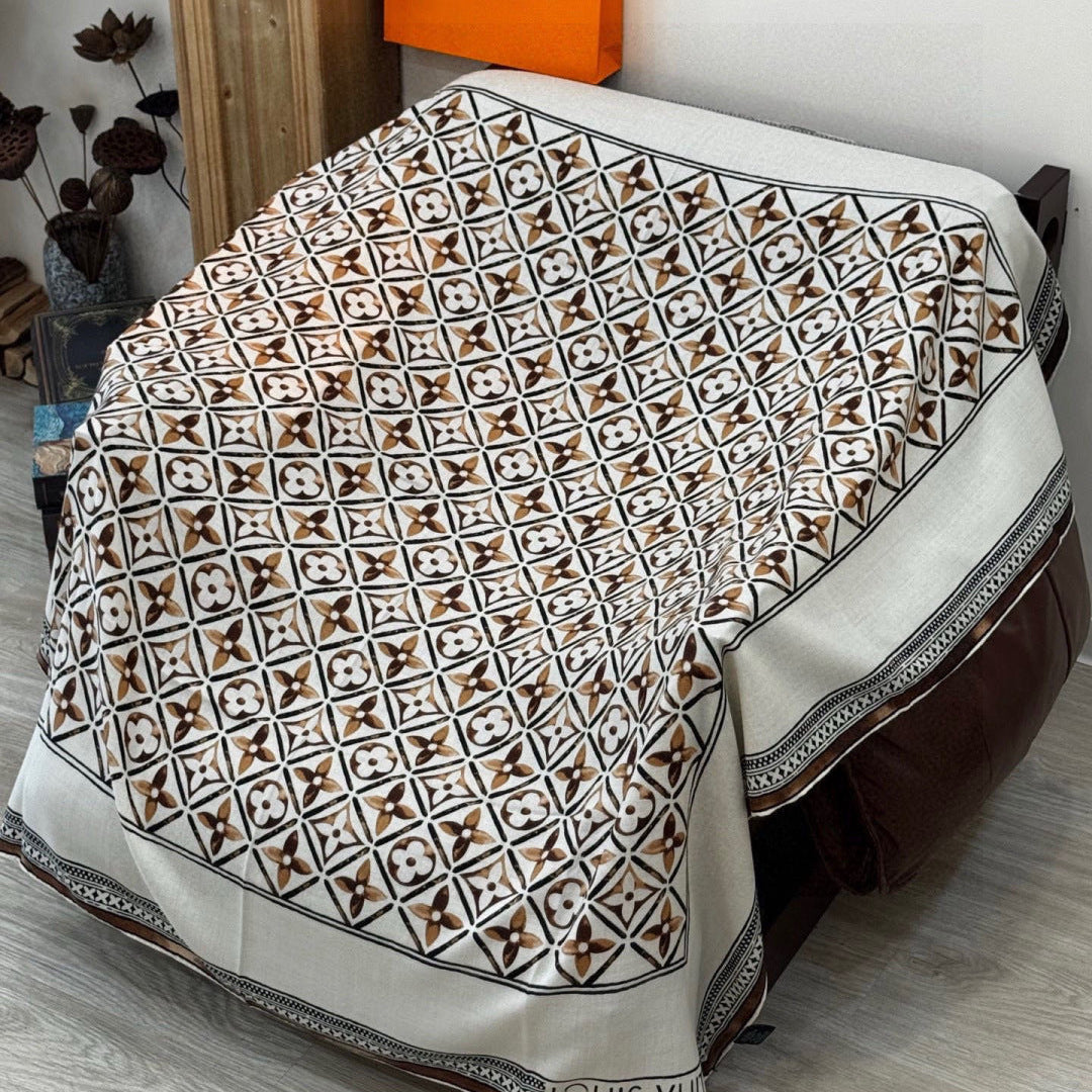 LV Velvet Square Scarf 135cm White Black Beige Cashmere 970943