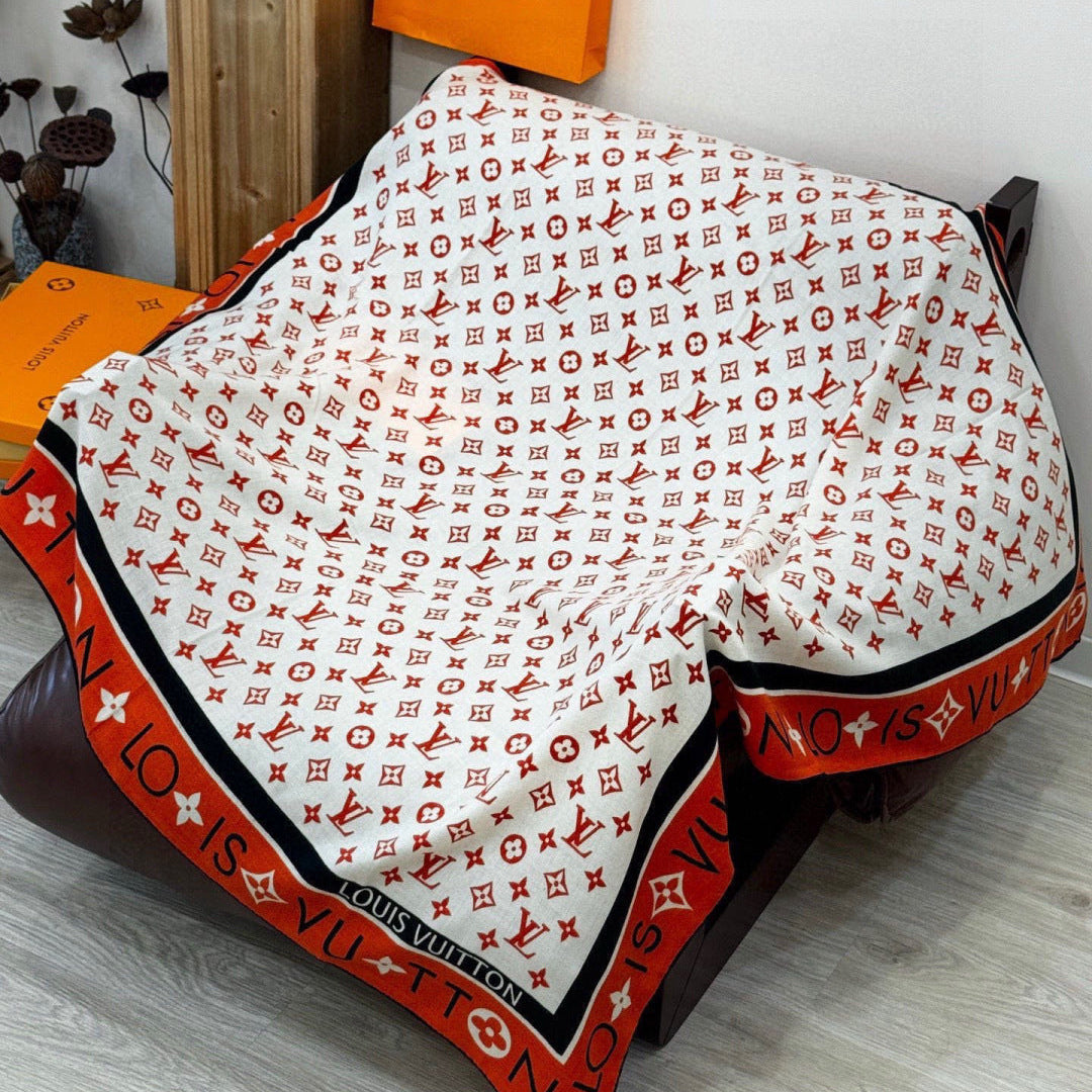 LV Velvet Square Scarf 135cm White Orange Cashmere 970947