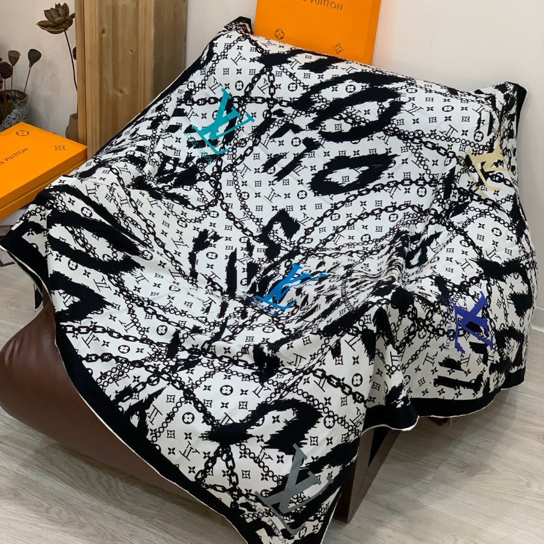 LV Double-Sided Shawl Scarf 140cm White Black Silk Cashmere 976738