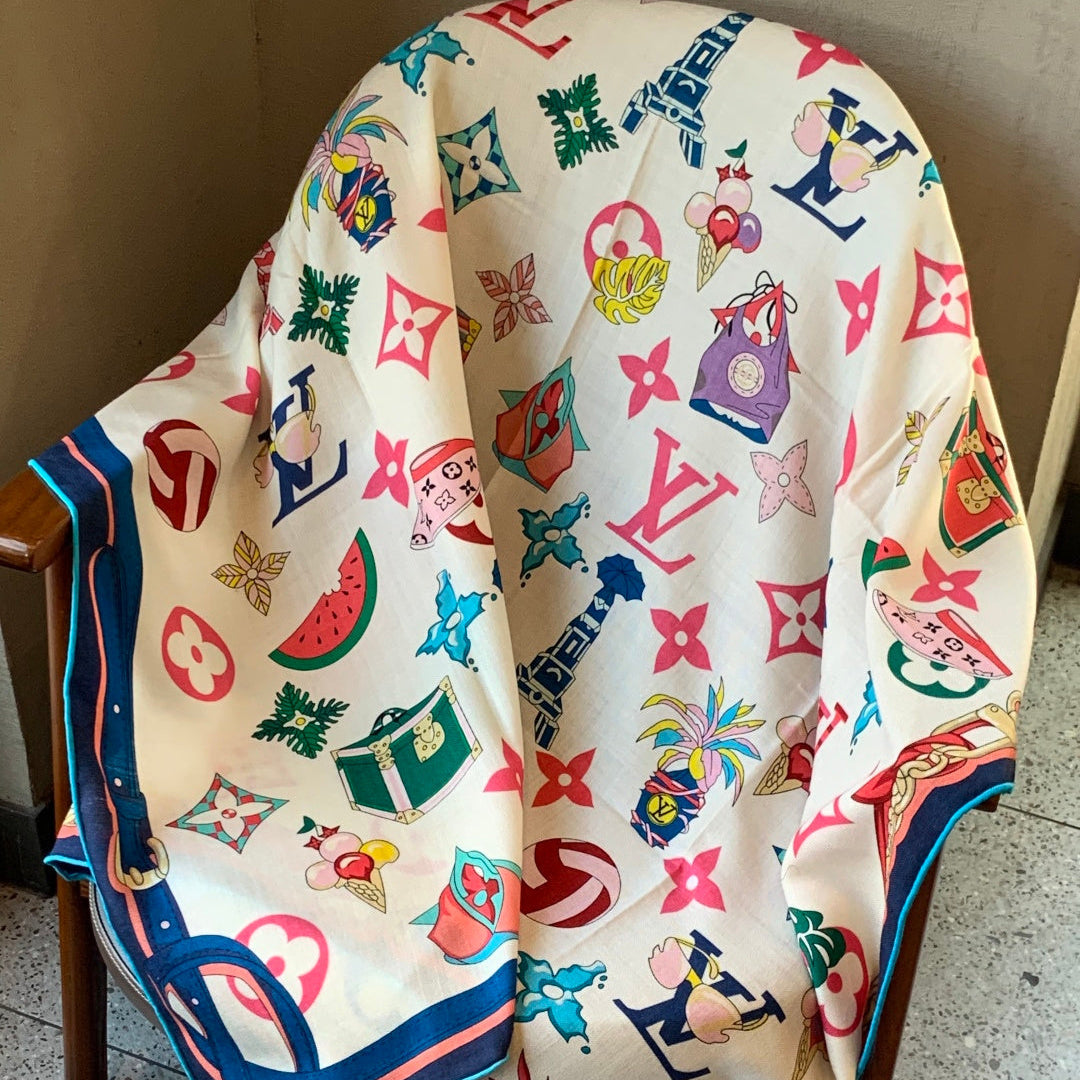 LV Scarf 135cm White Multicolor Cashmere Mulberry Silk 976763