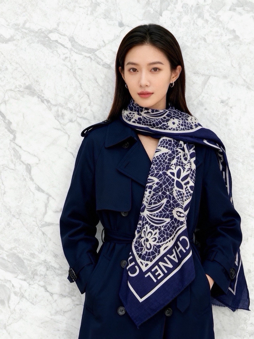 Chanel 2026 Lace Pattern Scarf 135cm Dark Blue Silk And Cashmere 213766