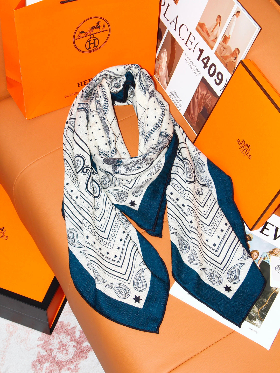 Hermès 2026 Bandana Scarf 140cm Blue Cashmere And Silk 218154