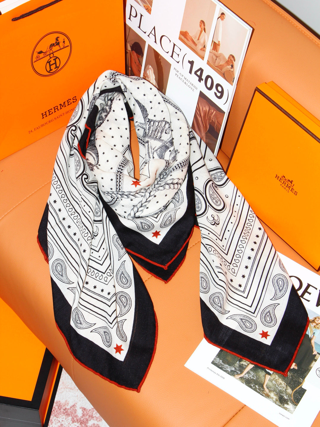 Hermès 2026 Bandana Scarf 140cm Black White Cashmere And Silk 218152