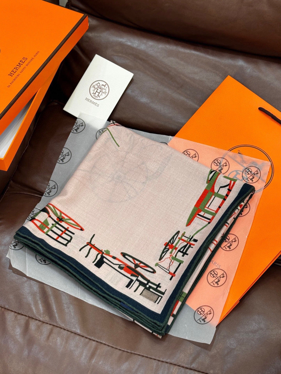 Hermès 2026 Complication Equestre Scarf 140cm Kaki Silk and Cashmere 218147