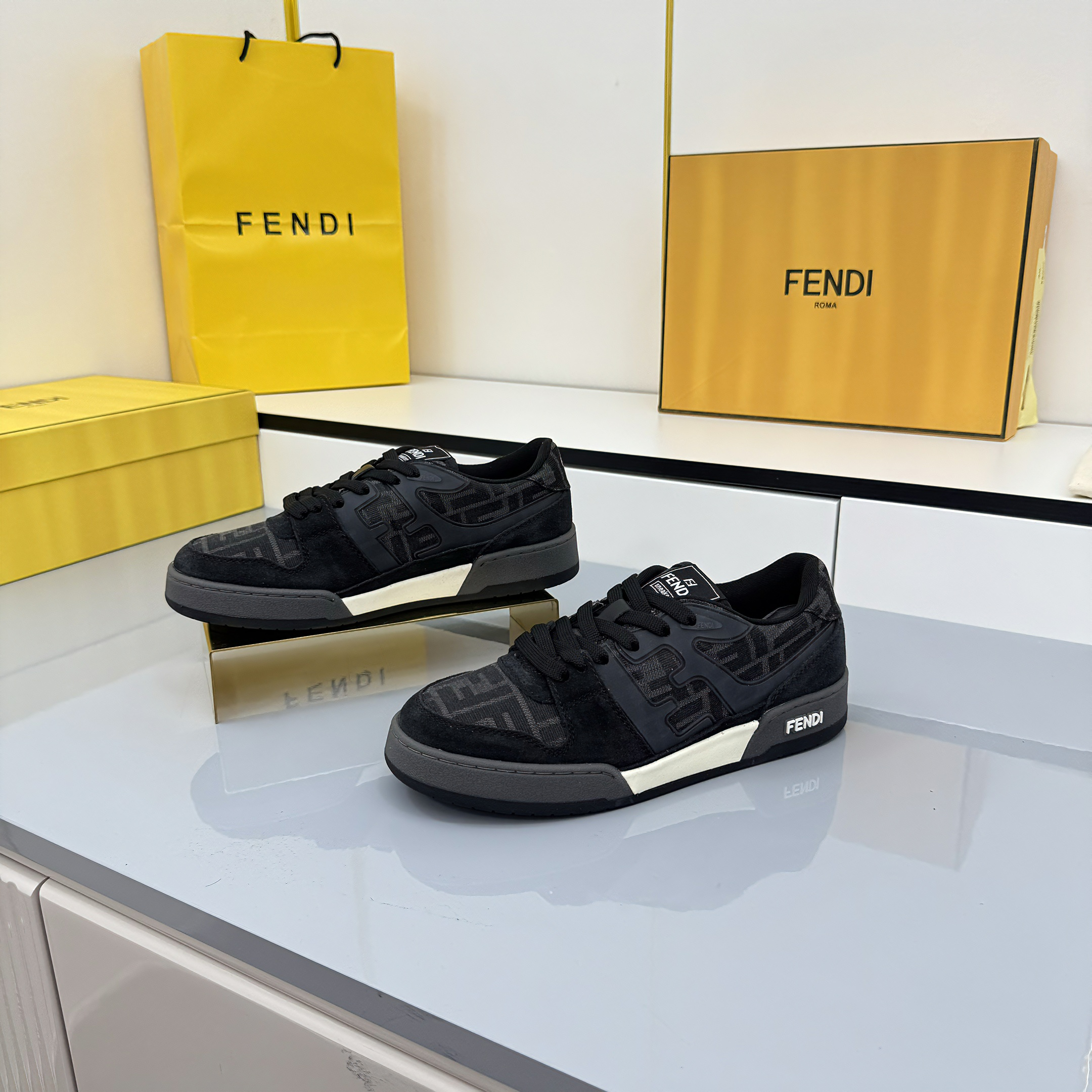 Fendi 2025 FF Jacquard Pattern Sneaker Black Suede Cowhide 559789
