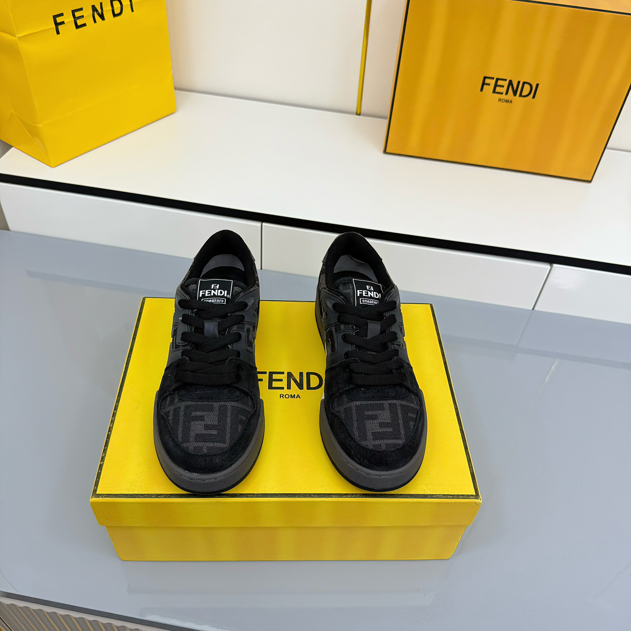 Fendi 2025 FF Jacquard Pattern Sneaker Black Suede Cowhide 559789