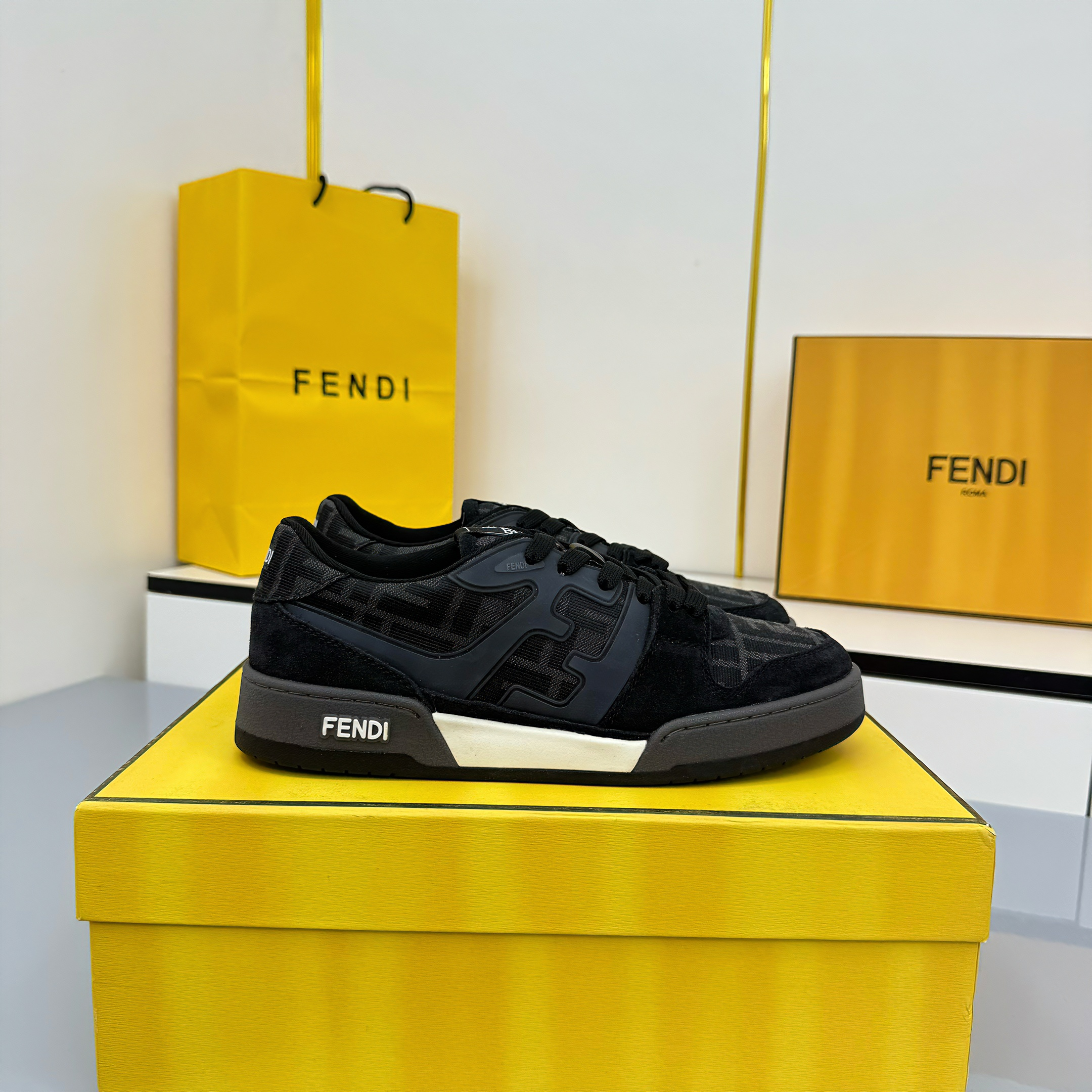 Fendi 2025 FF Jacquard Pattern Sneaker Black Suede Cowhide 559789