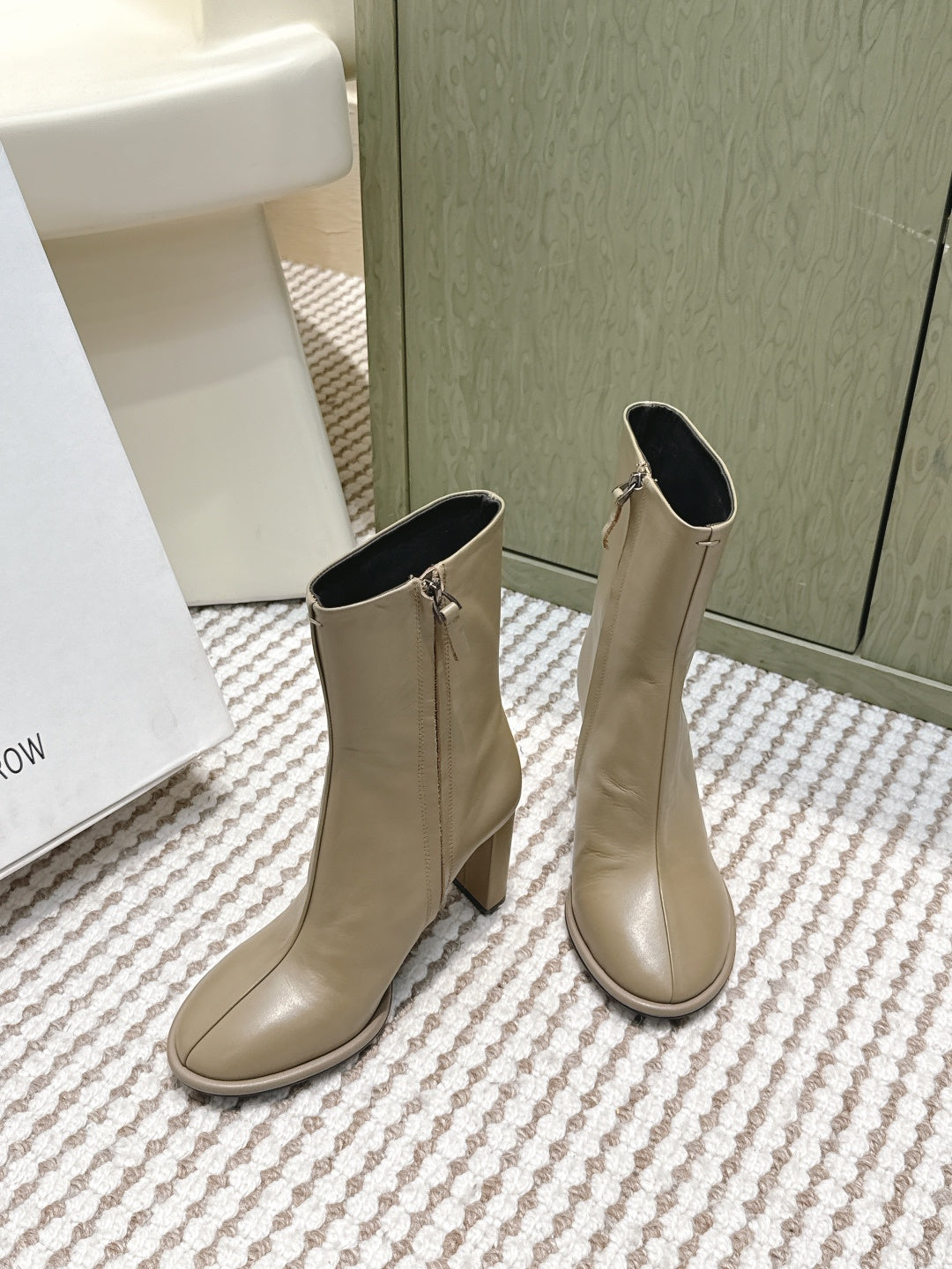 The Row 2025 Chunky Heel Round Toe Ankle Boot Taupe Leather 572088