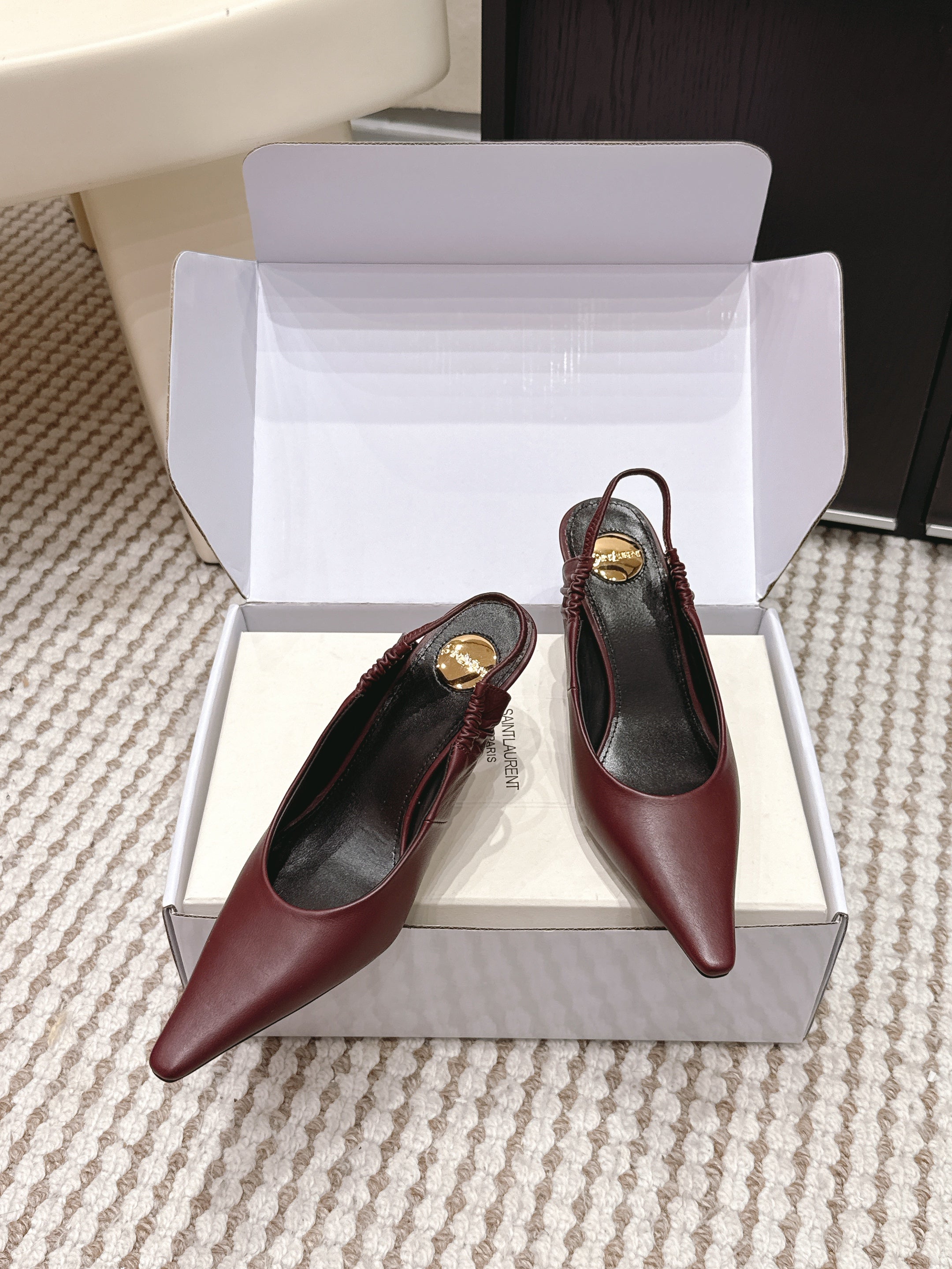 YSL 26ss Slingback 75 Burgundy Sheepskin 654720