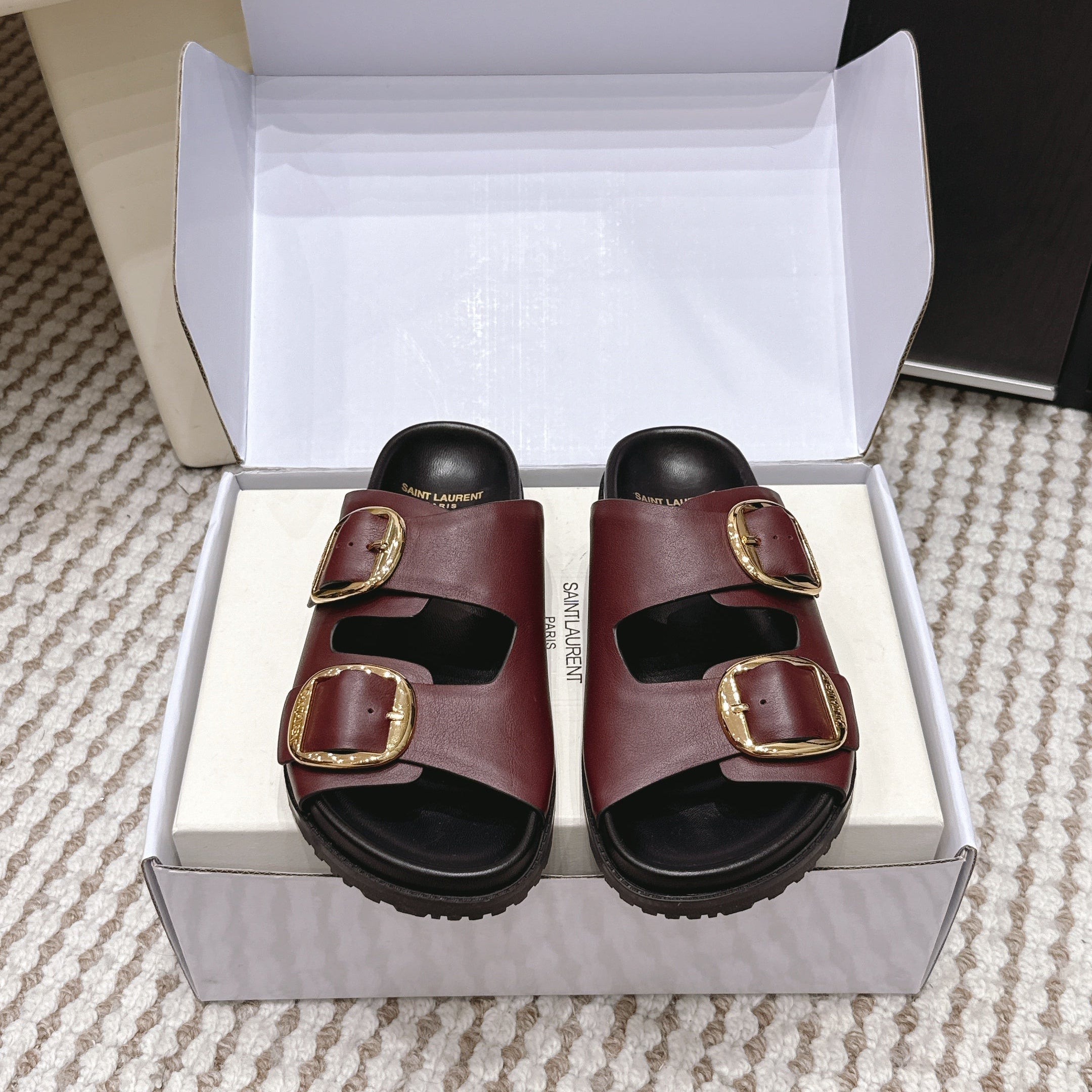 YSL 26ss Platform Slippers Black Burgundy Sheepskin Gold Buckle 663207