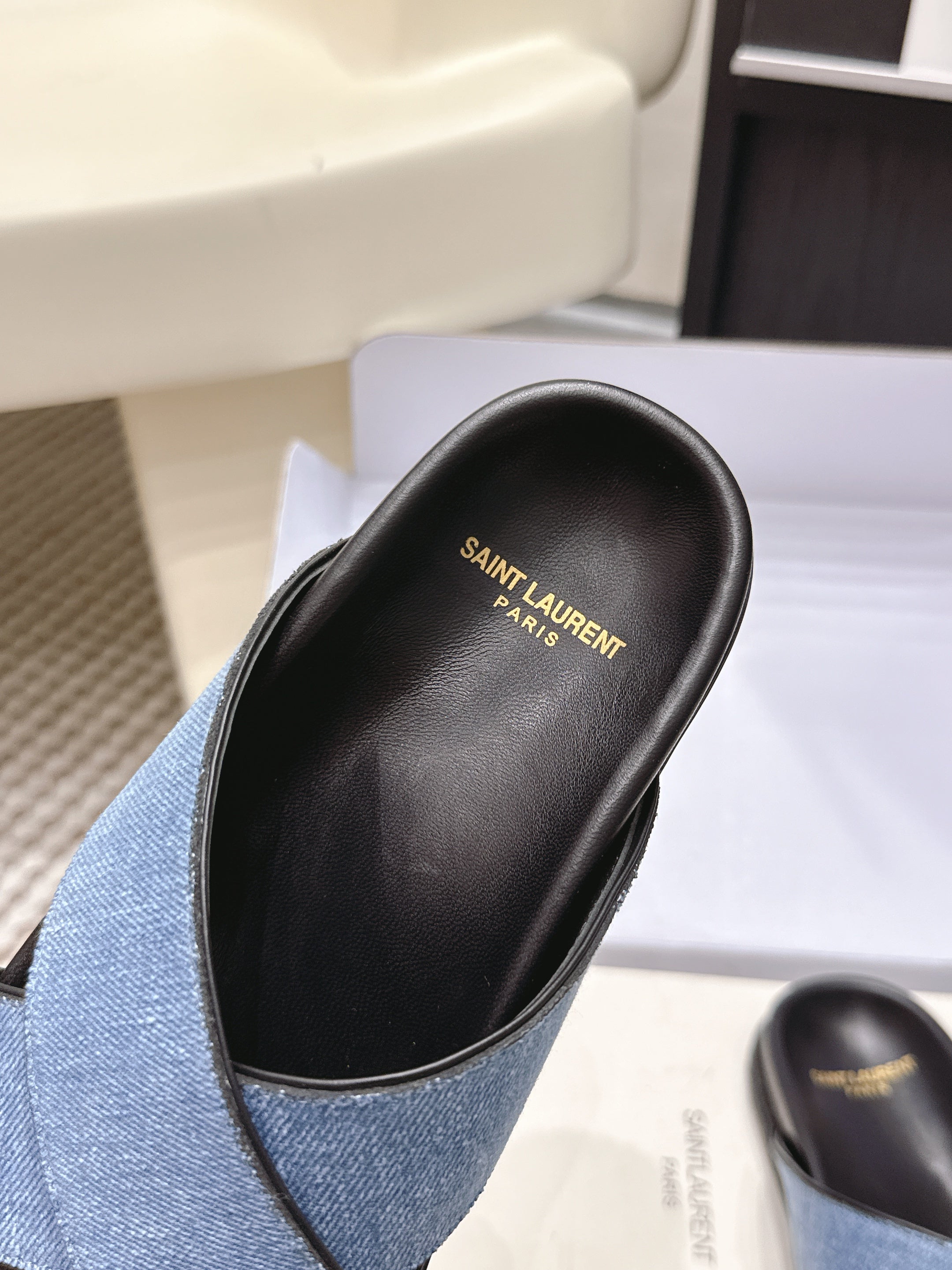 YSL 26ss Platform Slippers Black Blue Denim Leather 663217