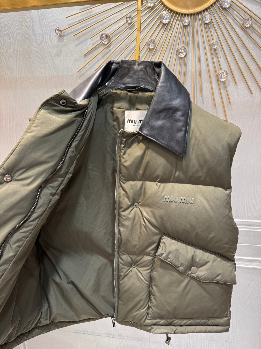 Miu Miu 25 Sleeveless Down Vest Olive Green Black Polyester