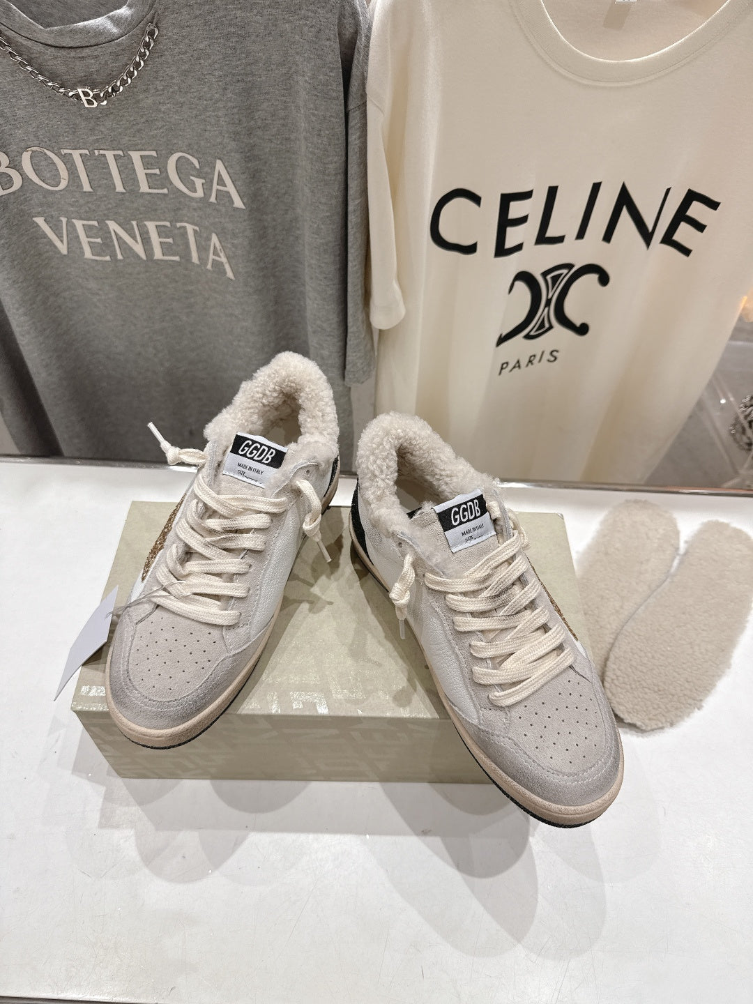 Golden Goose 2025 Wool-Lined Dirty Sneaker Ivory Black mix Gold Suede 491646