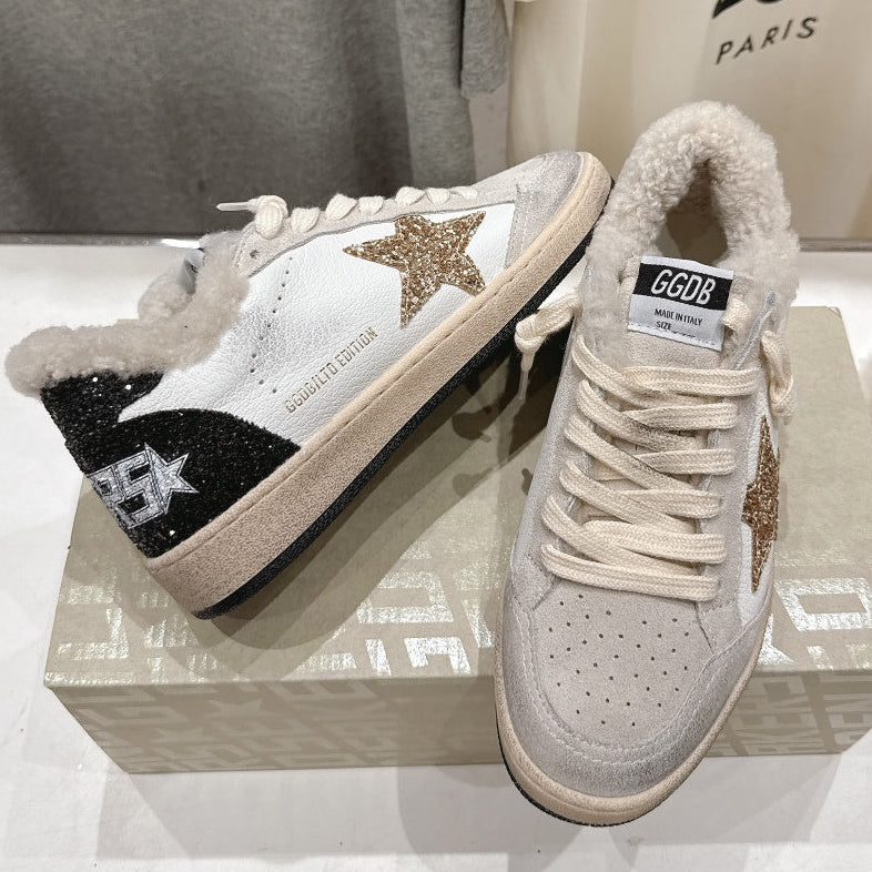 Golden Goose 2025 Wool-Lined Dirty Sneaker Ivory Black mix Gold Suede 491646