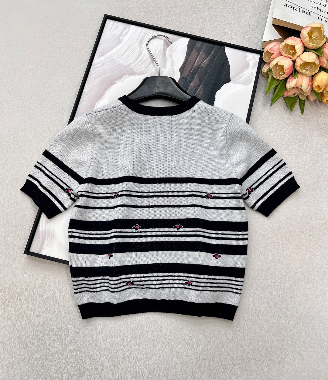 Chanel 2026 Striped Knit Short-Sleeve Top Black White Wool Nylon