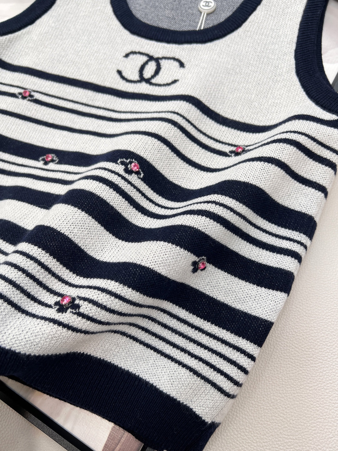 Chanel 2026 Striped Knit Vest Black White Wool Nylon