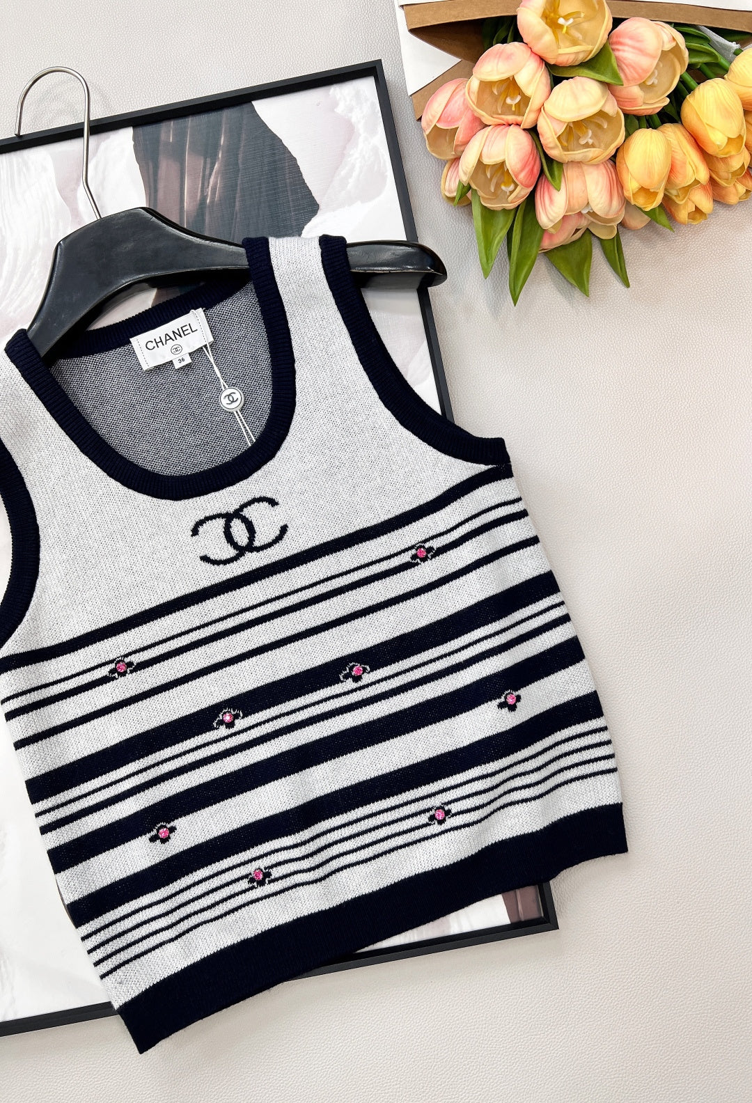 Chanel 2026 Striped Knit Vest Black White Wool Nylon