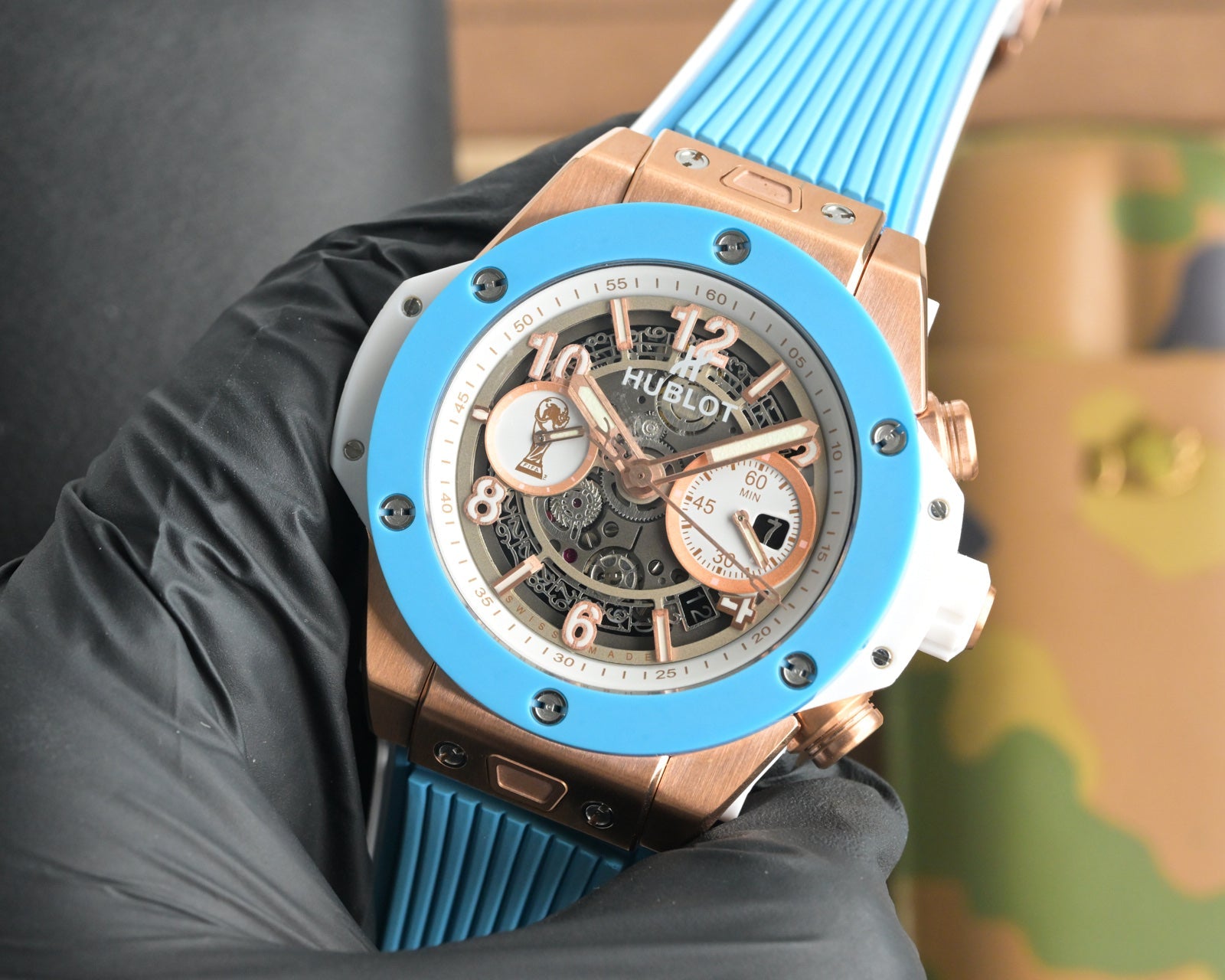 Hublot Big Bang Unico 45mm Blue Benzel Rose Gold Case Blue Rubber Strap