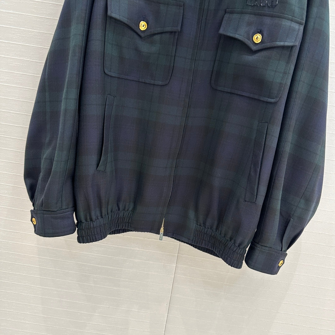 Miu Miu Plaid Drop Shoulder Jacket Green Blue Wool