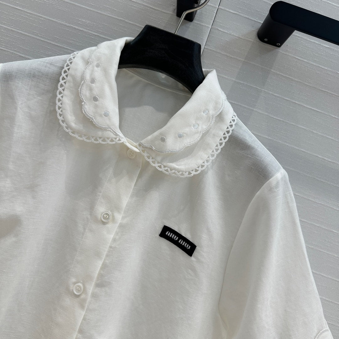 Miumiu 25 Double-layer Collar Shirt White Linen Cotton