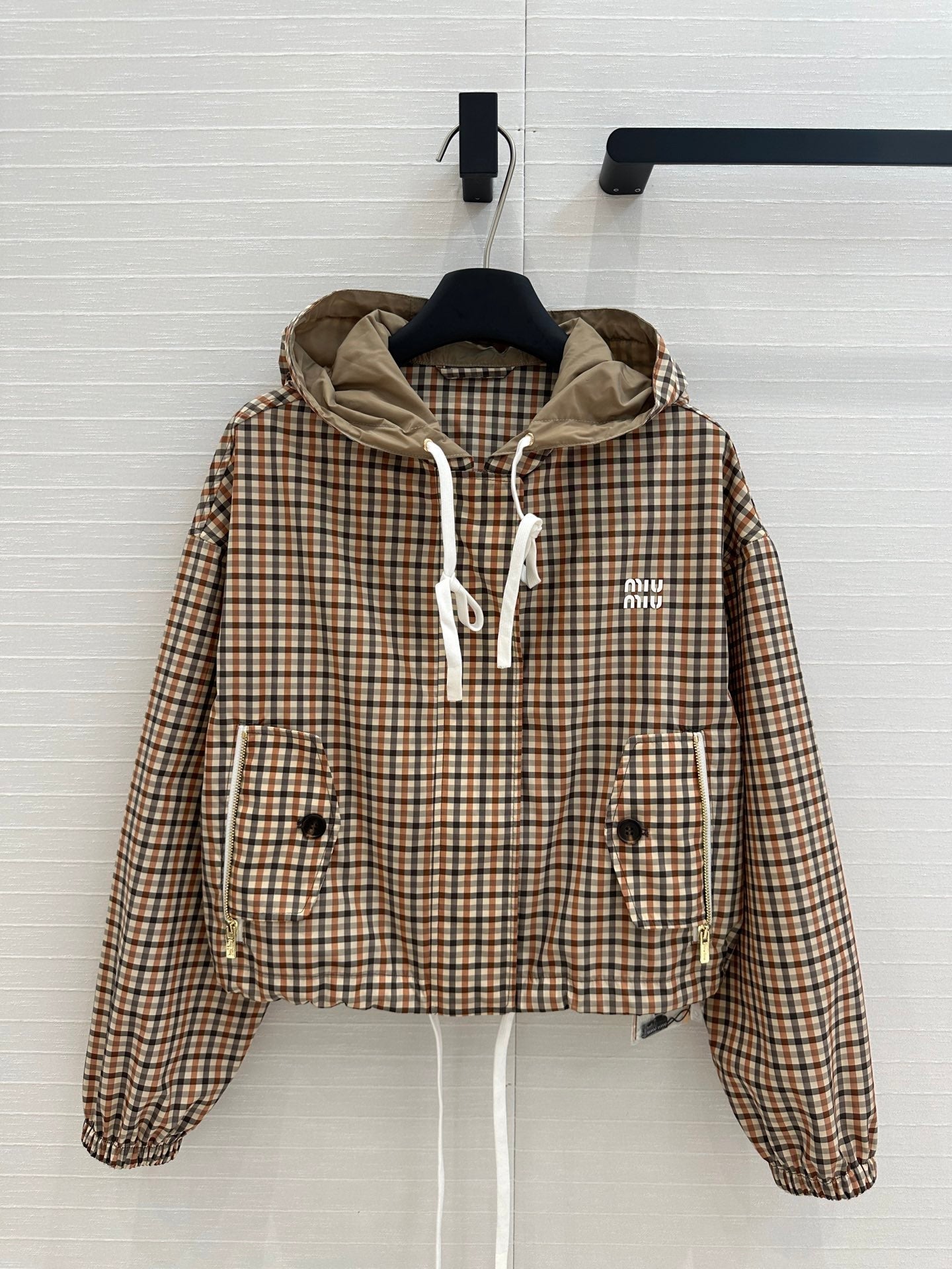 Miu Miu Pattern Hooded Jacket Beige Brown Polyester