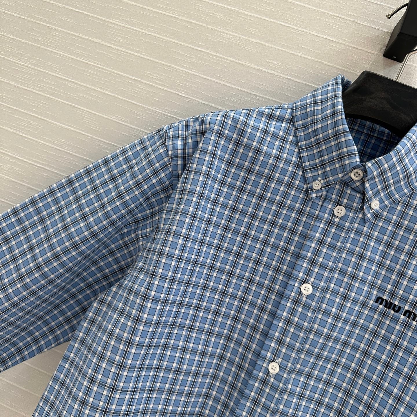 Miu Miu Plaid Short Shirt Blue Cotton